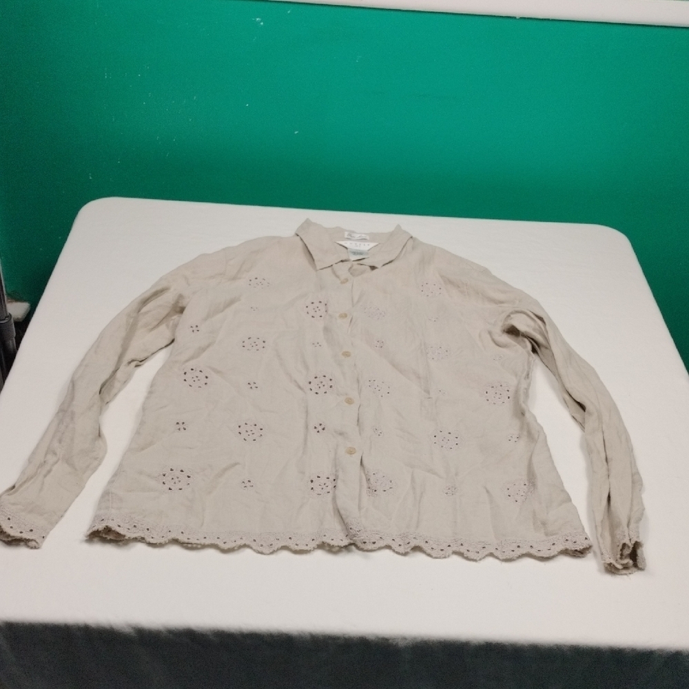 Outfit JPR Beige Eyelet Button-Up  Pure Linen Blouse Size Large